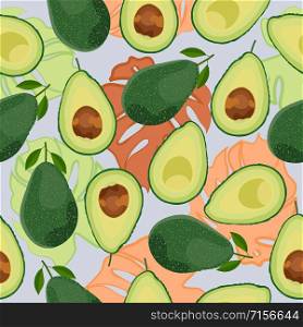 Avocado seamless pattern whole and sliced with colorful tropical leaves on gray background, Fruits vector illustration