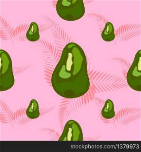 Avocado seamless pattern with pink tropical leaves on white background. Decorative design for textile, fabric, decor, wallpaper.