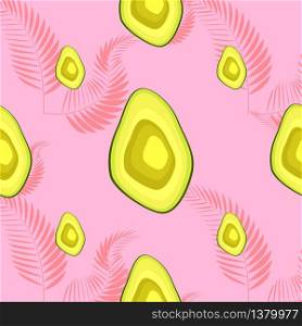 Avocado seamless pattern with pink tropical leaves on white background. Decorative design for textile, fabric, decor, wallpaper.