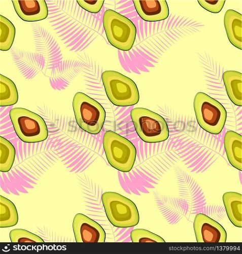 Avocado seamless pattern with tropical leaves of palm tree