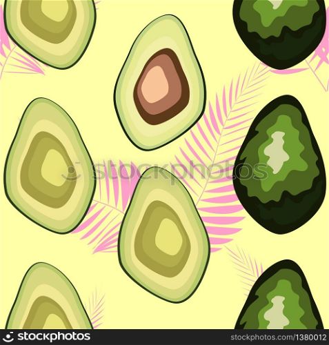 Avocado seamless pattern with tropical leaves of palm tree