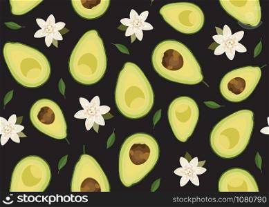 Avocado sliced seamless pattern with flower on black background, Fruits vector illustration