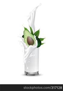 Avocado splashing in glass. Realistic 3d splash fruit cream splashing into the glass with swirl. Falling milk into the cup. Cocktail mix. 3d Realistic Vector Illustration for web or packaging.