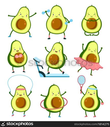 Avocado sport characters. Gym training, healthy cartoon cute athletes. Tropical food fruits workout, play tennis doing yoga exact vector set. Illustration avocado sport exercise, cartoon character. Avocado sport characters. Gym training, healthy cartoon cute athletes. Tropical food fruits workout, play tennis doing yoga exact vector set