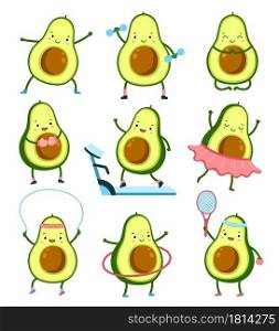 Avocado sport characters. Gym training, healthy cartoon cute athletes. Tropical food fruits workout, play tennis doing yoga exact vector set. Illustration avocado sport exercise, cartoon character. Avocado sport characters. Gym training, healthy cartoon cute athletes. Tropical food fruits workout, play tennis doing yoga exact vector set