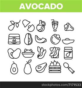 Avocado Vegetable Collection Icons Set Vector. Avocado Sliced Pieces And Healthy Drink, Fresh And On Bread, Cosmetic Cream And Plant Leaf Concept Linear Pictograms. Monochrome Contour Illustrations. Avocado Vegetable Collection Icons Set Vector