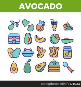 Avocado Vegetable Collection Icons Set Vector. Avocado Sliced Pieces And Healthy Drink, Fresh And On Bread, Cosmetic Cream And Plant Leaf Concept Linear Pictograms. Color Contour Illustrations. Avocado Vegetable Collection Icons Set Vector