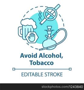 Avoid alcohol and tobacco concept icon. Give up bad habit. Refuse beer. Stop addiction. Healthcare idea thin line illustration. Vector isolated outline RGB color drawing. Editable stroke