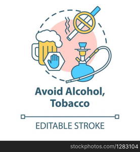 Avoid alcohol and tobacco concept icon. Give up cigarette. Refuse beer. Stop addiction. Healthcare idea thin line illustration. Vector isolated outline RGB color drawing. Editable stroke