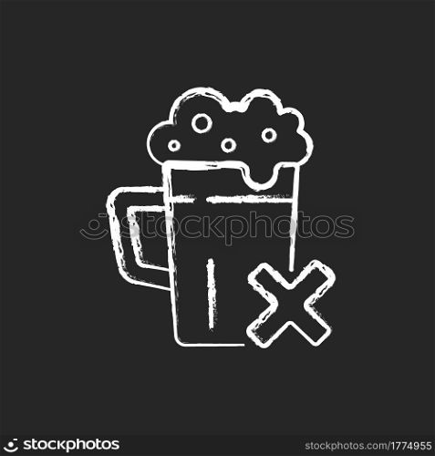 Avoid alcohol chalk white icon on dark background. Diet restriction for alcoholic beverages. Stop drinking, alcoholism prevention. Addiction problem. Isolated vector chalkboard illustration on black. Avoid alcohol chalk white icon on dark background