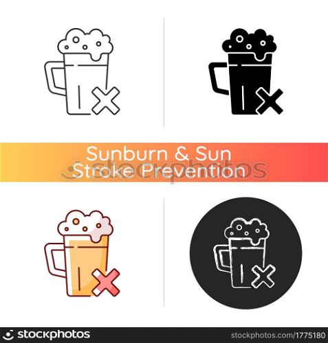 Avoid alcohol icon. Diet restriction for alcoholic beverages. Stop drinking, alcoholism prevention. Addiction problem. Linear black and RGB color styles. Isolated vector illustrations. Avoid alcohol icon