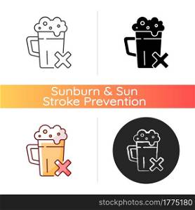 Avoid alcohol icon. Diet restriction for alcoholic beverages. Stop drinking, alcoholism prevention. Addiction problem. Linear black and RGB color styles. Isolated vector illustrations. Avoid alcohol icon