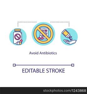 Avoid antibiotics concept icon. Not effective influenza treatment. Antibacterial remedy. Pharmacology idea thin line illustration. Vector isolated outline RGB color drawing. Editable stroke