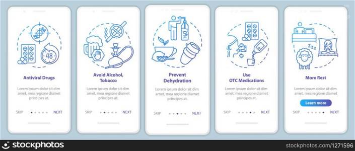 Avoid bad habits onboarding mobile app page screen with concepts. Medication, drugs. Influenza prevention walkthrough 5 steps graphic instructions. UI vector template with RGB color illustrations