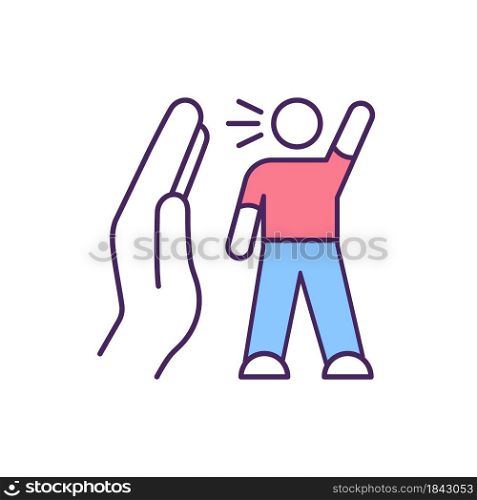 Avoid conflict RGB color icon. Ignoring person as coping mechanism. Setting boundaries with people. Refusing confrontation. Isolated vector illustration. Simple filled line drawing. Avoid conflict RGB color icon