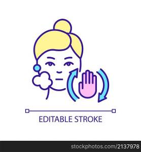Avoid face overwashing RGB color icon. Hygiene and skin damage. Skincare routine and beauty. Isolated vector illustration. Simple filled line drawing. Editable stroke. Arial font used. Avoid face overwashing RGB color icon