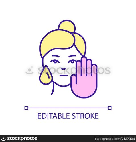 Avoid over moisturizing of skin RGB color icon. Oily skin type tip. Beauty procedure. Skincare routine. Isolated vector illustration. Simple filled line drawing. Editable stroke. Arial font used. Avoid over moisturizing of skin RGB color icon