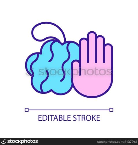 Avoid scrubbing skin with washcloth RGB color icon. Health care. Skincare routine procedure. Isolated vector illustration. Simple filled line drawing. Editable stroke. Arial font used. Avoid scrubbing skin with washcloth RGB color icon