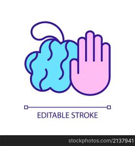 Avoid scrubbing skin with washcloth RGB color icon. Health care. Skincare routine procedure. Isolated vector illustration. Simple filled line drawing. Editable stroke. Arial font used. Avoid scrubbing skin with washcloth RGB color icon