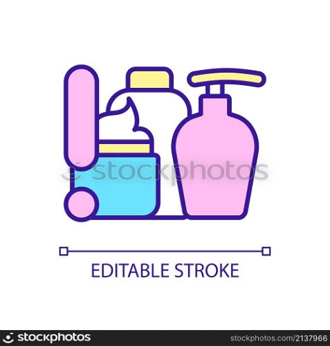 Avoid useless cosmetic products RGB color icon. Skin damage. Beauty and healthcare. Skincare routine. Isolated vector illustration. Simple filled line drawing. Editable stroke. Arial font used. Avoid useless cosmetic products RGB color icon