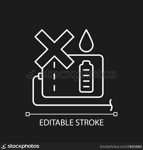 Avoid wet locations white linear manual label icon for dark theme. Thin line customizable illustration. Isolated vector contour symbol for night mode for product use instructions. Editable stroke. Avoid wet locations white linear manual label icon for dark theme