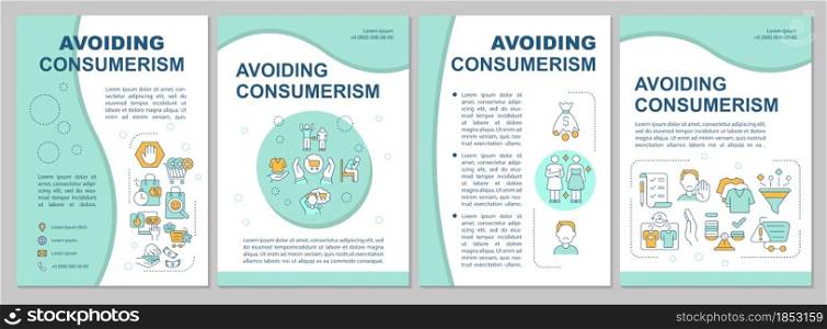 Avoiding consumerism blue brochure template. Excessive consumption. Flyer, booklet, leaflet print, cover design with linear icons. Vector layouts for presentation, annual reports, advertisement pages. Avoiding consumerism blue brochure template