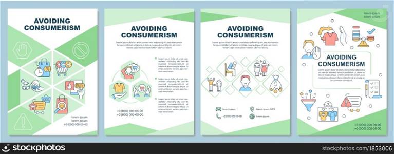 Avoiding consumerism brochure template. Stop excessive consumption. Flyer, booklet, leaflet print, cover design with linear icons. Vector layouts for presentation, annual reports, advertisement pages. Avoiding consumerism brochure template