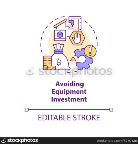 Avoiding equipment investment concept icon. Cost savings. Capacity limitations abstract idea thin line illustration. Isolated outline drawing. Editable stroke. Arial, Myriad Pro-Bold fonts used. Avoiding equipment investment concept icon