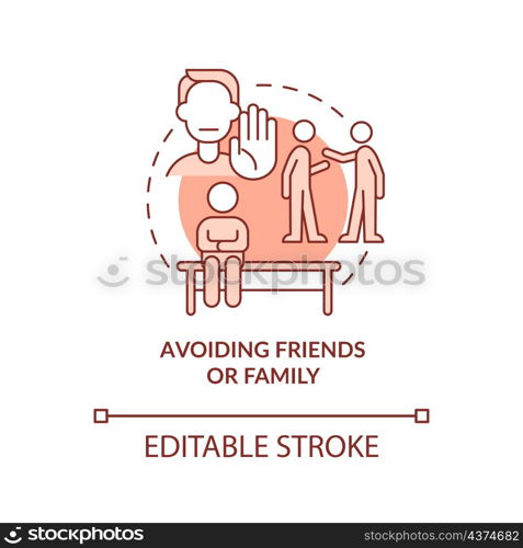 Avoiding friends and family terracotta concept icon. Anxiety disorder abstract idea thin line illustration. Isolated outline drawing. Editable stroke. Roboto-Medium, Myriad Pro-Bold fonts used. Avoiding friends and family terracotta concept icon