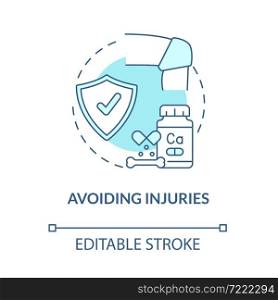 Avoiding injuries blue concept icon. Risk of arthritis reduction abstract idea thin line illustration. Joints, bones safety. Trauma prevention. Vector isolated outline color drawing. Editable stroke. Avoiding injuries blue concept icon