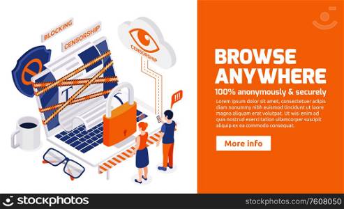 Avoiding internet censorship isometric web banner for secure anonymous browsing bypassing blocked sites and restrictions vector illustration