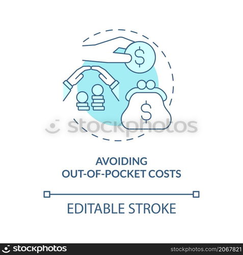 Avoiding out of pocket costs turquoise concept icon. Worker expense abstract idea thin line illustration. Isolated outline drawing. Editable stroke. Roboto-Medium, Myriad Pro-Bold fonts used. Avoiding out of pocket costs turquoise concept icon