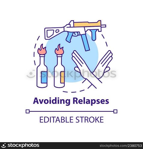Avoiding relapses concept icon. Post conflict stabilization abstract idea thin line illustration. Ban on weapons. Isolated outline drawing. Editable stroke. Arial, Myriad Pro-Bold fonts used. Avoiding relapses concept icon