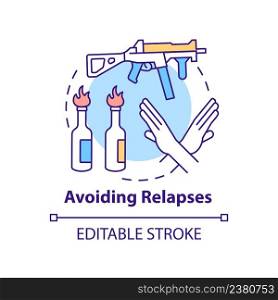 Avoiding relapses concept icon. Post conflict stabilization abstract idea thin line illustration. Ban on weapons. Isolated outline drawing. Editable stroke. Arial, Myriad Pro-Bold fonts used. Avoiding relapses concept icon