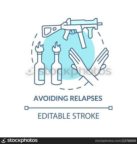 Avoiding relapses turquoise concept icon. Post conflict stabilization abstract idea thin line illustration. Ban on weapons. Isolated outline drawing. Editable stroke. Arial, Myriad Pro-Bold fonts used. Avoiding relapses turquoise concept icon