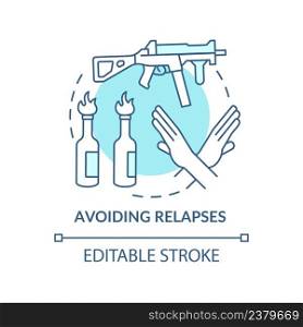 Avoiding relapses turquoise concept icon. Post conflict stabilization abstract idea thin line illustration. Ban on weapons. Isolated outline drawing. Editable stroke. Arial, Myriad Pro-Bold fonts used. Avoiding relapses turquoise concept icon