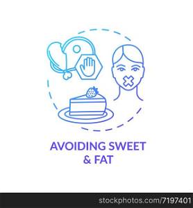 Avoiding sweet and fat blue concept icon. Stop unhealthy eating. No cholesterol. Diabetes precaution. Healthy diet idea thin line illustration. Vector isolated outline RGB color drawing