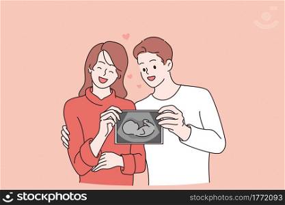 Awaiting for baby and couple happiness concept. Young smiling couple cartoon characters standing holding ultrasound test in hands waiting for baby feeling excited happy vector illustration . Awaiting for baby and couple happiness concept