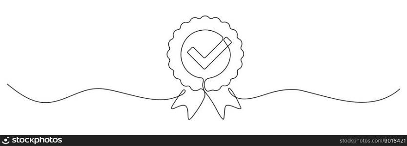 Award badge continuous line art drawn. Approval check sign. Certificate contour line. Vector illustration isolated on white.. Award badge continuous line art drawn.