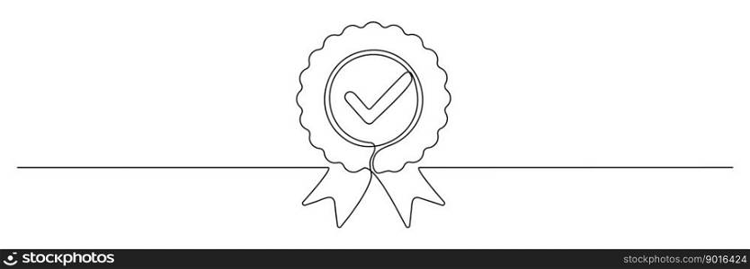 Award badge continuous line art drawn. Approval check sign. Certificate contour line. Vector illustration isolated on white.. Award badge continuous line art drawn.
