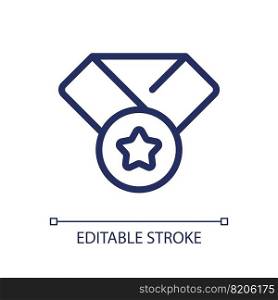 Award badge pixel perfect linear ui icon. Reward top student. Outstanding achievement. GUI, UX design. Outline isolated user interface element for app and web. Editable stroke. Arial font used. Award badge pixel perfect linear ui icon