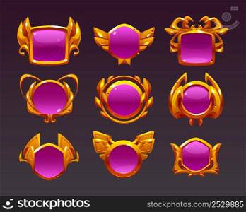 Award badges with fantasy gold frames. Decorative emblems, achievement signs for win, top place in game. Vector cartoon set of glossy pink icons with golden borders. Award badges with fantasy gold frames