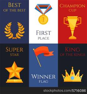 Award best of the best first place champion cup super star winner flag king of the kings mini poster set isolated vector illustration
