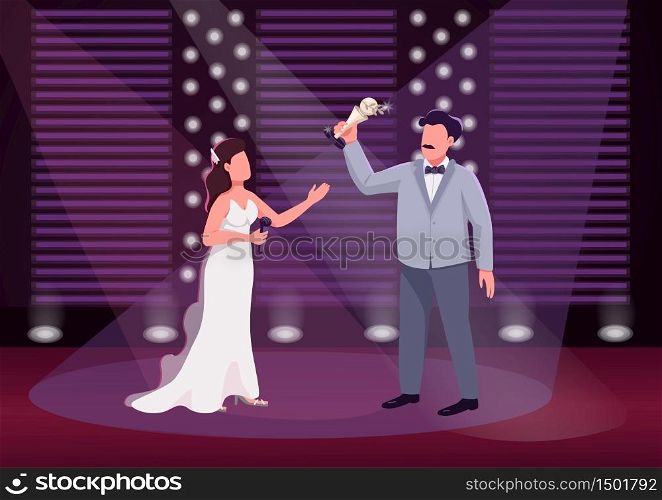 Award ceremony flat color vector illustration. Prestigious show presenter and winner 2D cartoon characters with stage on background. Public celebration event. Celebrity recognition, fame achievement. Award ceremony flat color vector illustration