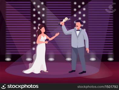 Award ceremony flat color vector illustration. Prestigious show presenter and winner 2D cartoon characters with stage on background. Public celebration event. Celebrity recognition, fame achievement. Award ceremony flat color vector illustration