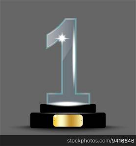 Award crystal with a first. Acrylic 3D Shield for the first place. Trophy for victory on a stand. Vector illustration. stock image. EPS 10.. Award crystal with a first. Acrylic 3D Shield for the first place. Trophy for victory on a stand. Vector illustration. stock image.