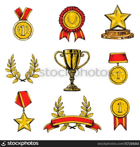 Award decorative sketch colored icons set of laurel wreath achievement star isolated vector illustration