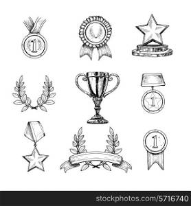 Award decorative sketch icons set of trophy medal winner prize champion cup isolated vector illustration