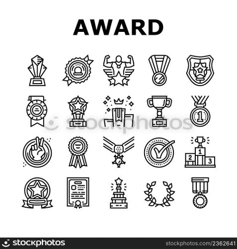 Award For Winner In Ch&ionship Icons Set Vector. Trophy Award In Form Star And Diploma Certificate For Win And Victory In Sportive Competition. Golden Medal And Cup Black Contour Illustrations. Award For Winner In Ch&ionship Icons Set Vector