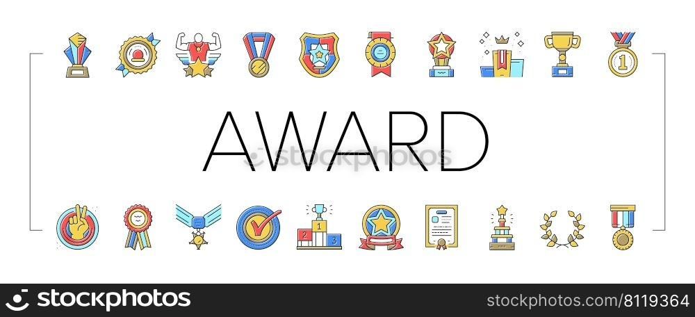 Award For Winner In Ch&ionship Icons Set Vector. Trophy Award In Form Star And Diploma Certificate For Win And Victory In Sportive Competition. Golden Medal And Cup Color Illustrations. Award For Winner In Ch&ionship Icons Set Vector
